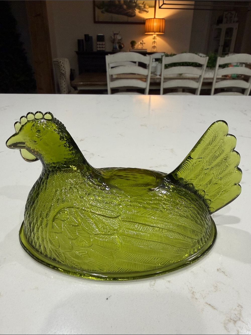 Vintage Indiana Glass Olive Green Hen with NO Nest! (Lid only) Fits 7” Nest Bowl